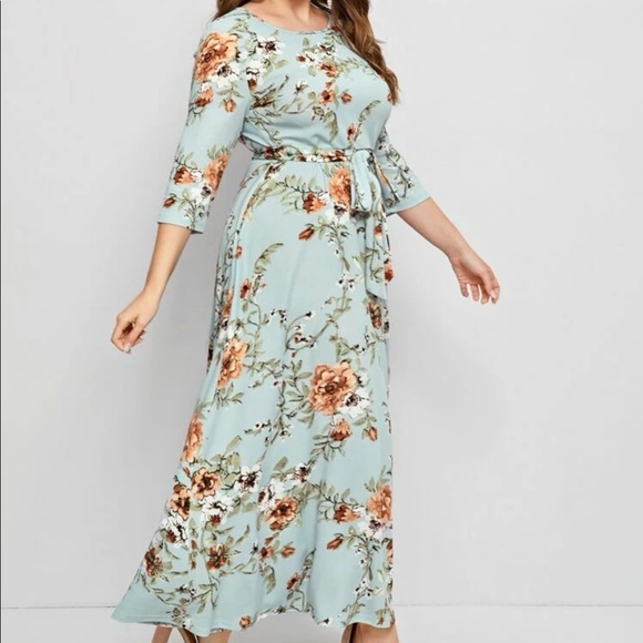 Boho mint floral print belted maxi dress - Picture 10 of 11